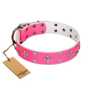 "Girls-Only" FDT Artisan Pink Leather Black Russian Terrier Collar Adorned with Stars and Tiny Squares "Girls-Only" FDT Artisan Pink Leather Black Russian Terrier Collar Adorned with Stars and Tiny Squares