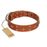 "Tawny Beauty" FDT Artisan Tan Leather Black Russian Terrier Collar Adorned with Stars and Tiny Squares "Tawny Beauty" FDT Artisan Tan Leather Black Russian Terrier Collar Adorned with Stars and Tiny Squares