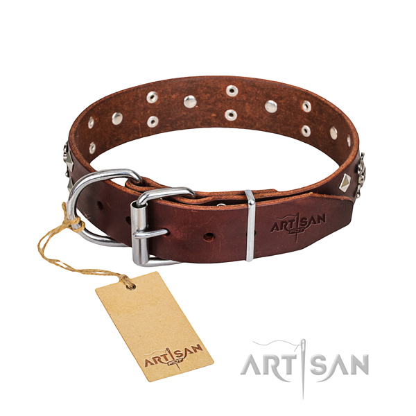 Handy use dog collar of fine quality full grain leather with studs