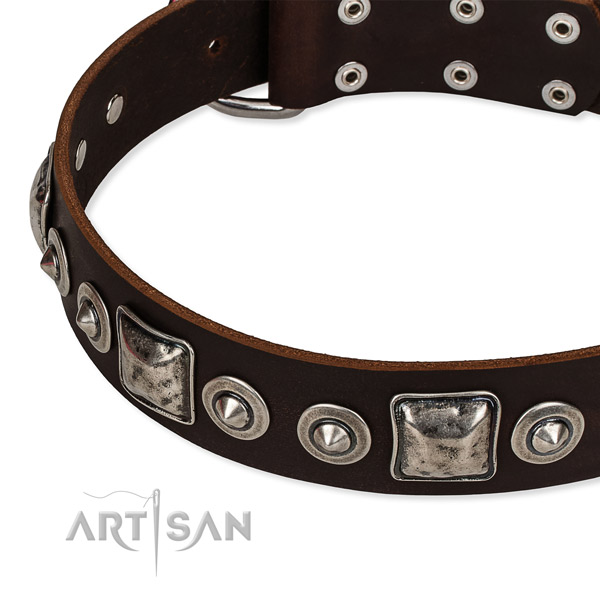 Genuine leather dog collar made of soft to touch material with embellishments