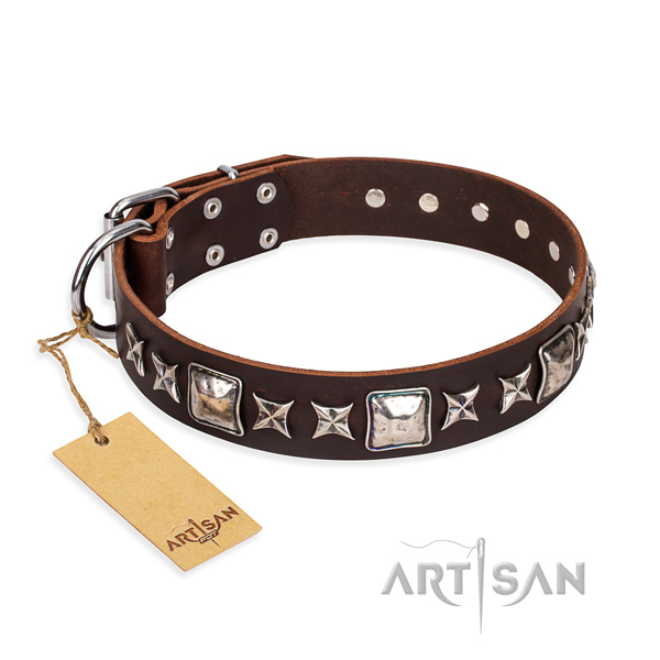 Easy wearing dog collar of reliable full grain natural leather with adornments