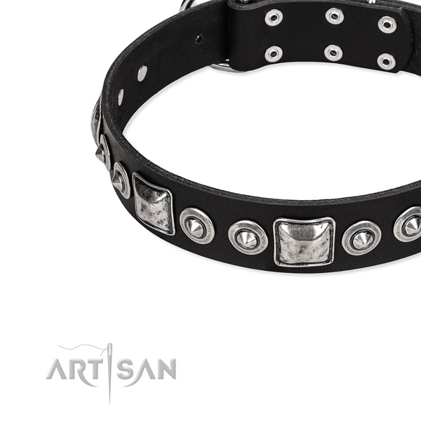 Full grain genuine leather dog collar made of high quality material with adornments