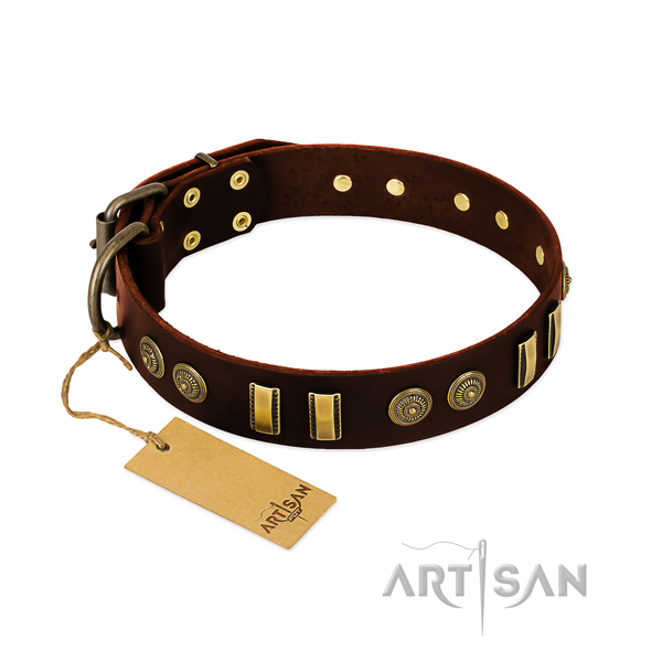 Rust resistant embellishments on full grain natural leather dog collar for your doggie