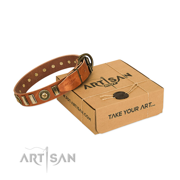 Gentle to touch leather dog collar with rust resistant buckle