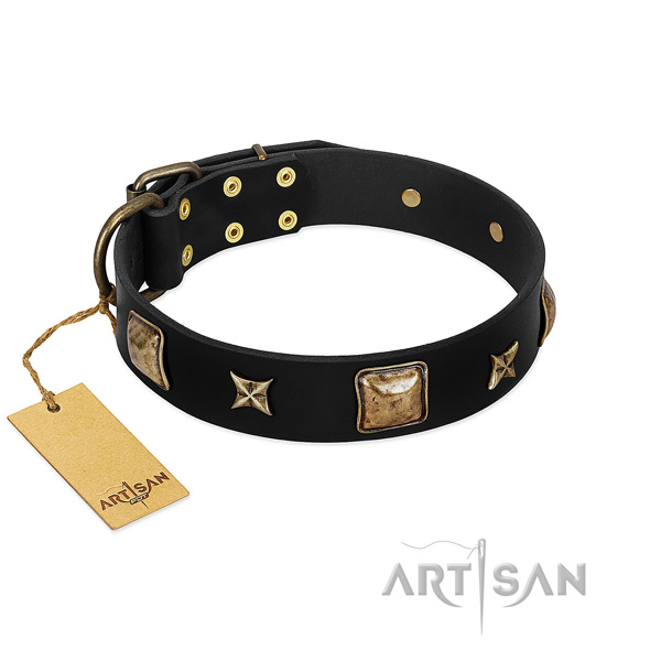 Genuine leather dog collar of soft to touch material with exquisite decorations
