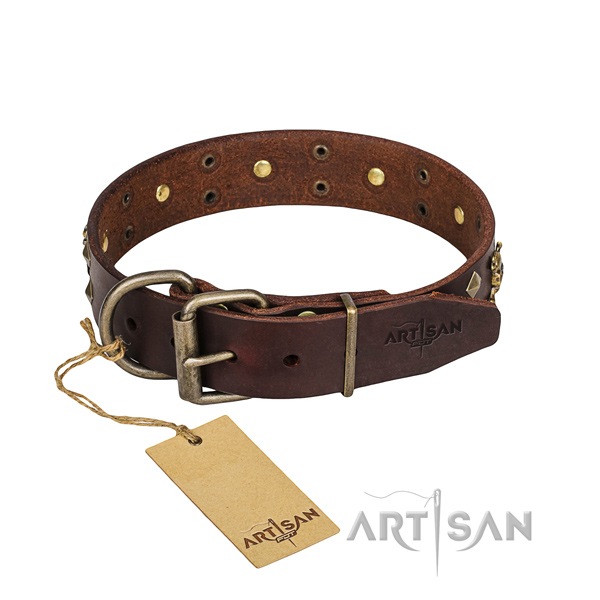 Basic training dog collar of top notch full grain natural leather with embellishments