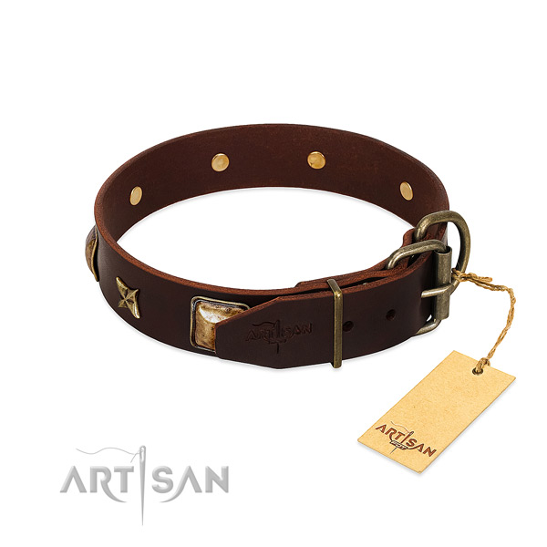 Natural genuine leather dog collar with reliable D-ring and decorations