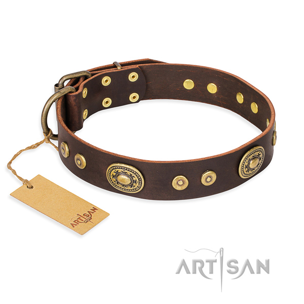 Leather dog collar made of soft to touch material with corrosion proof D-ring