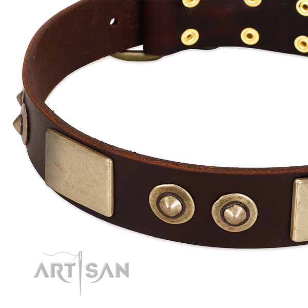 Durable D-ring on full grain natural leather dog collar for your pet