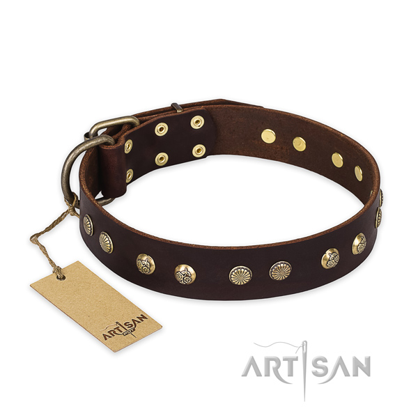 Easy adjustable full grain leather dog collar with durable D-ring