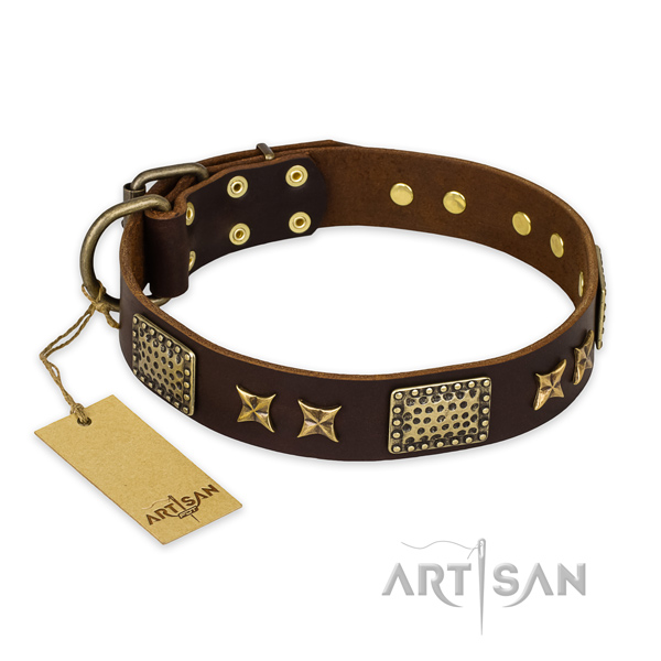 Stunning natural genuine leather dog collar with rust resistant buckle
