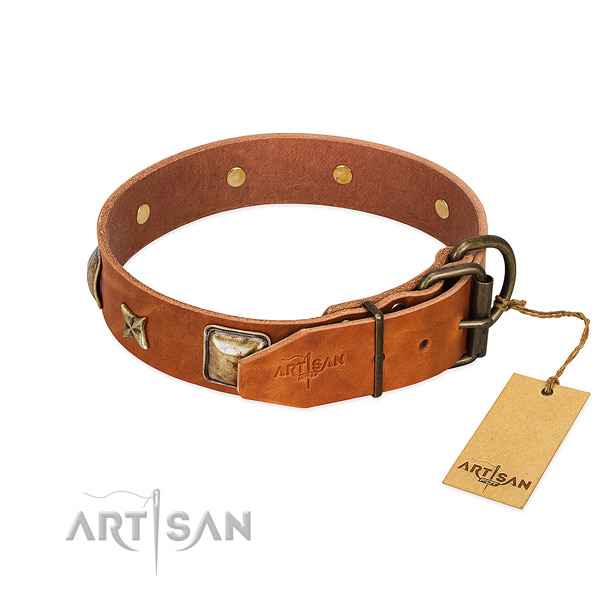 Full grain leather dog collar with reliable D-ring and adornments