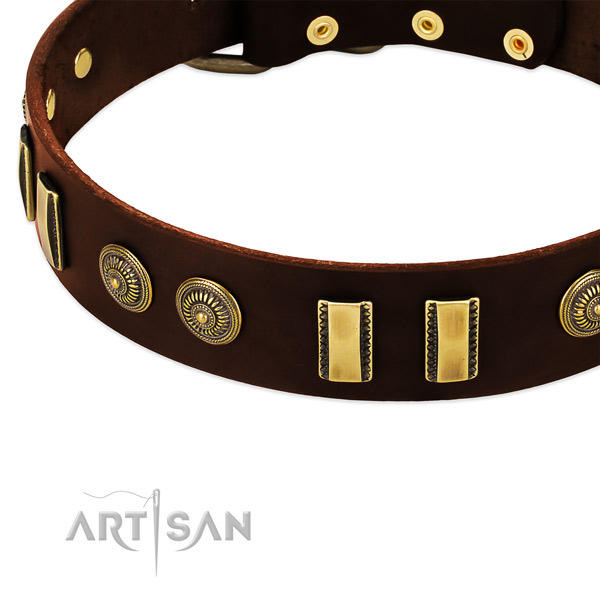 Durable D-ring on genuine leather dog collar for your canine