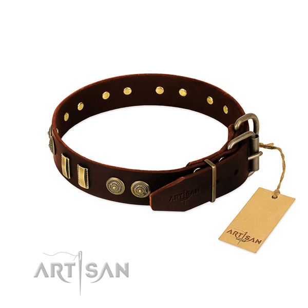 Durable traditional buckle on natural leather dog collar for your canine