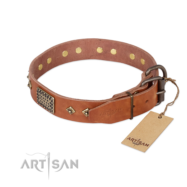 Genuine leather dog collar with rust resistant traditional buckle and adornments