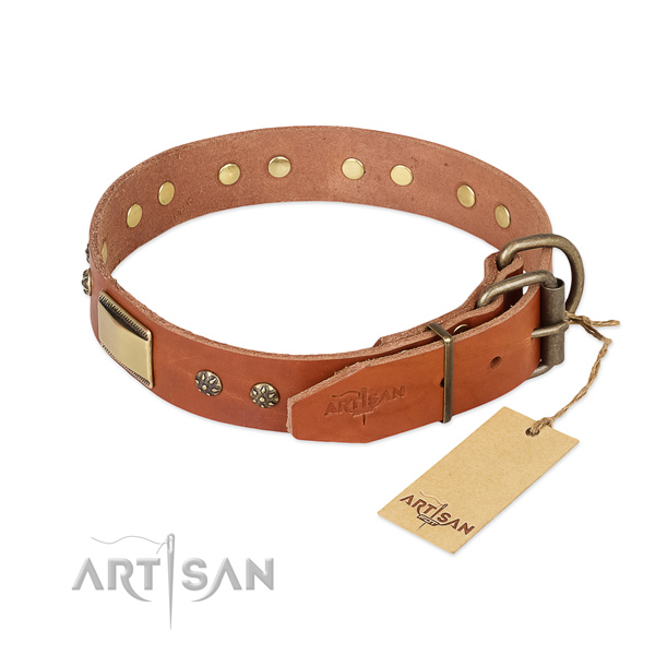 Genuine leather dog collar with rust-proof hardware and adornments