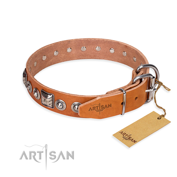 Genuine leather dog collar made of top notch material with rust resistant embellishments