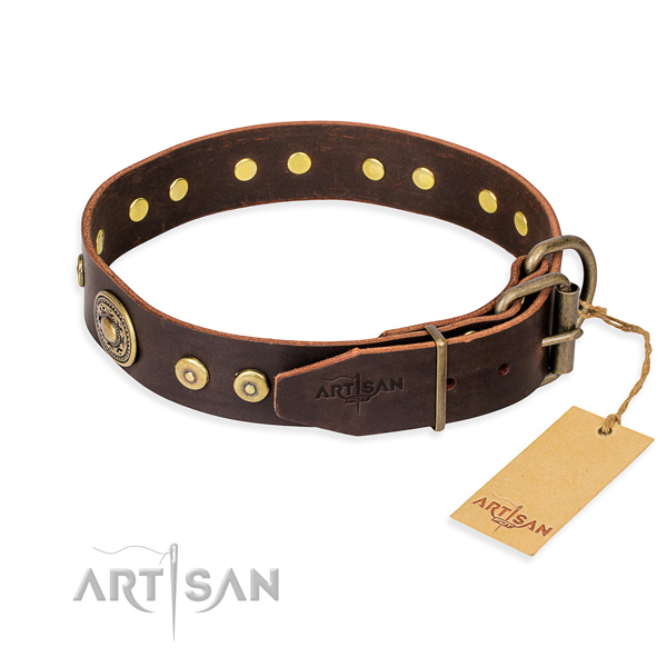 Full grain genuine leather dog collar made of best quality material with strong adornments