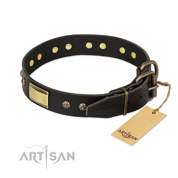 Genuine leather dog collar with rust resistant buckle and embellishments