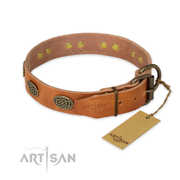 Corrosion resistant traditional buckle on full grain natural leather collar for your stylish doggie