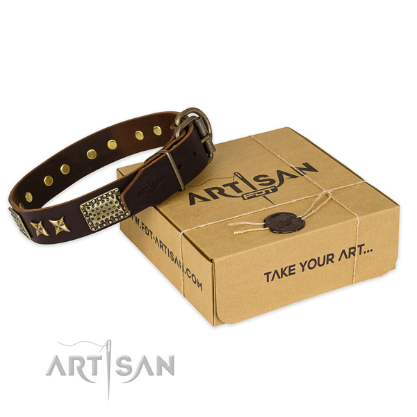 Rust resistant hardware on genuine leather collar for your handsome four-legged friend
