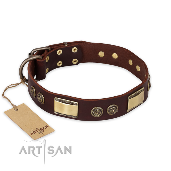 Adjustable natural genuine leather dog collar for walking