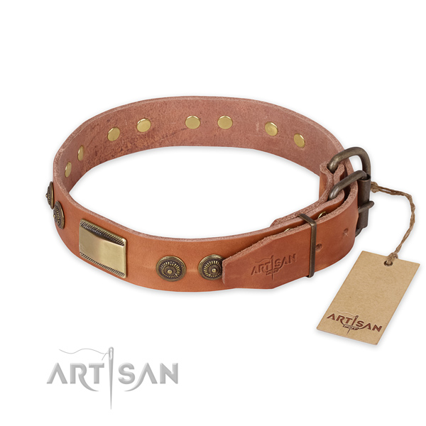 Corrosion proof D-ring on natural genuine leather collar for everyday walking your four-legged friend