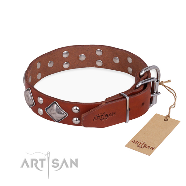 Full grain genuine leather dog collar with exceptional corrosion resistant adornments