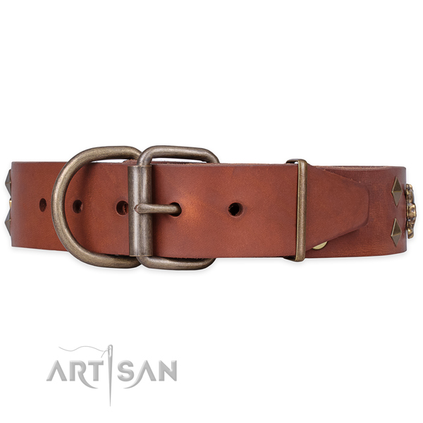 Everyday use decorated dog collar of durable full grain leather