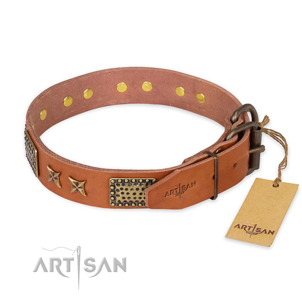 Corrosion resistant D-ring on full grain natural leather collar for your attractive four-legged friend