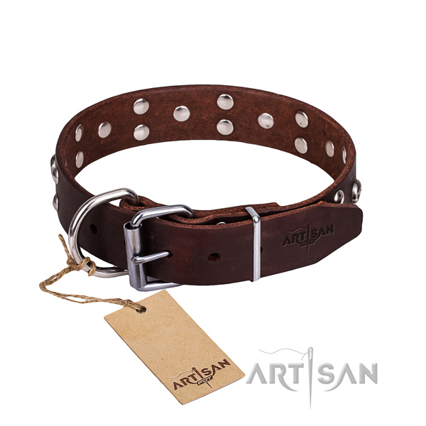 Easy wearing dog collar of reliable full grain natural leather with studs