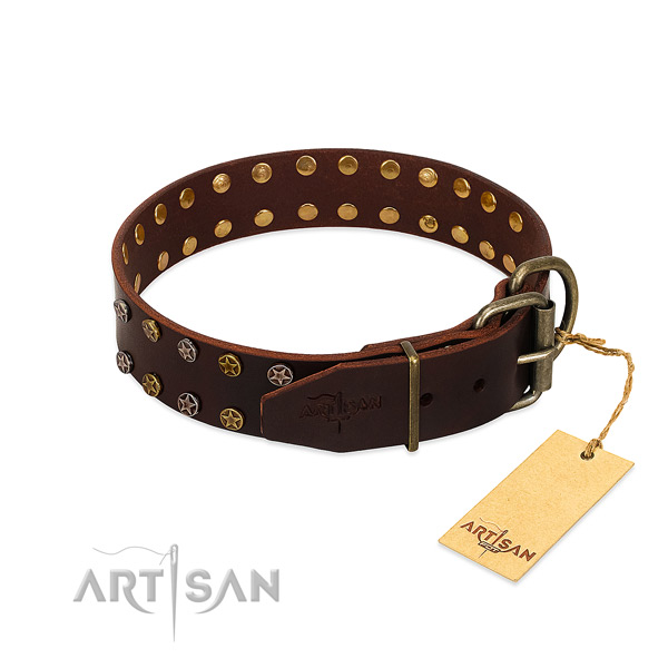 Comfy wearing full grain leather dog collar with top notch embellishments