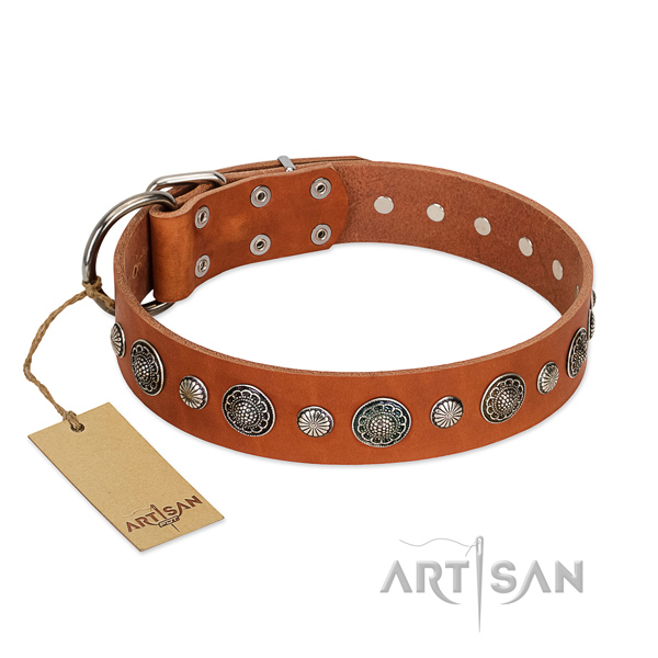 Durable full grain genuine leather dog collar with rust-proof fittings