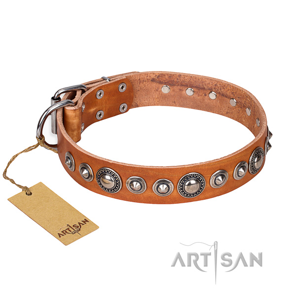 Natural genuine leather dog collar made of reliable material with strong D-ring