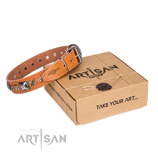 Comfy wearing dog collar of high quality full grain natural leather with studs