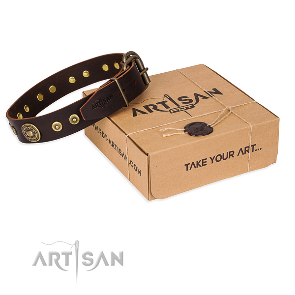 Leather dog collar made of gentle to touch material with corrosion resistant fittings