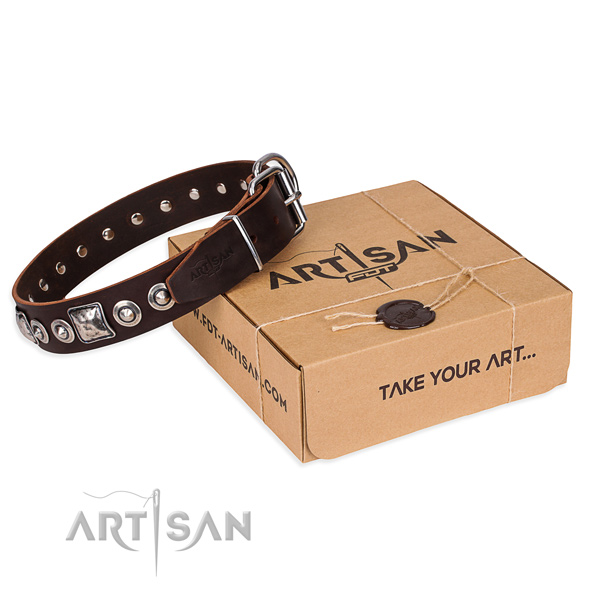 Genuine leather dog collar made of top rate material with reliable hardware