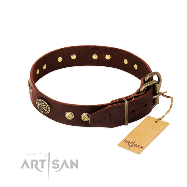 Corrosion resistant embellishments on full grain leather dog collar for your doggie