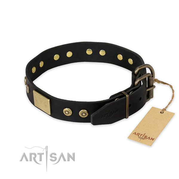 Rust resistant hardware on natural genuine leather collar for walking your doggie