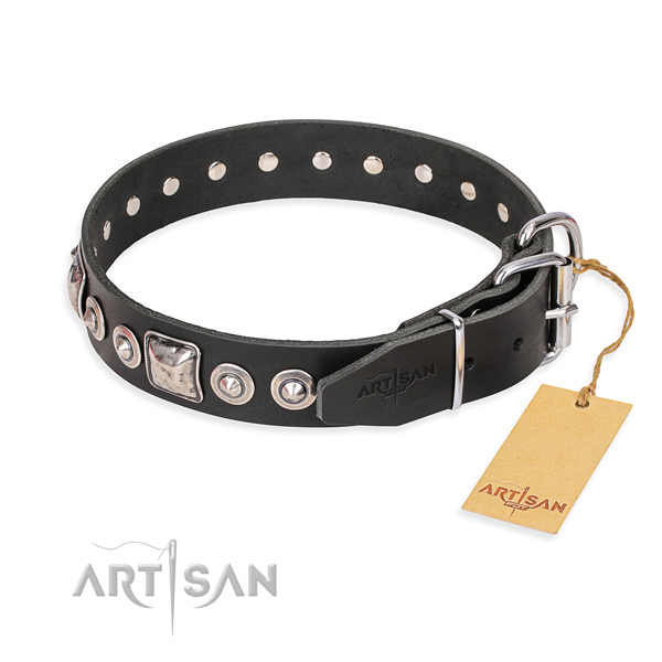 Genuine leather dog collar made of flexible material with strong decorations