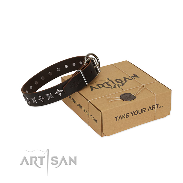 Basic training dog collar of top quality full grain natural leather with embellishments