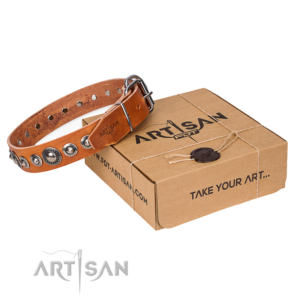 Full grain genuine leather dog collar made of flexible material with rust-proof hardware