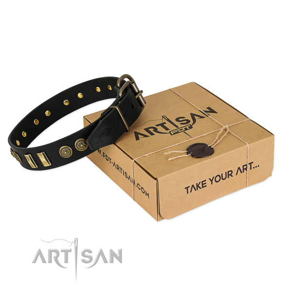 Reliable buckle on natural leather dog collar for your doggie