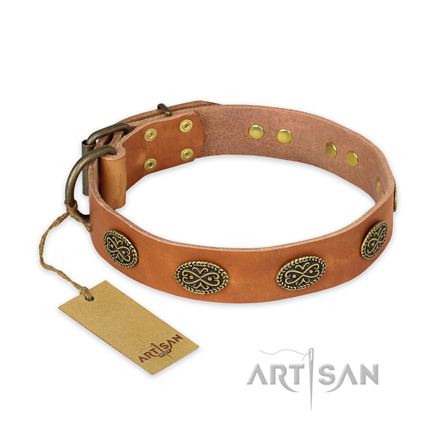 Adjustable genuine leather dog collar with corrosion resistant buckle