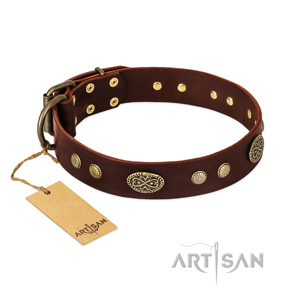 Rust-proof D-ring on full grain leather dog collar for your canine