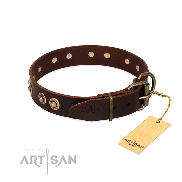 Corrosion resistant D-ring on full grain natural leather dog collar for your canine