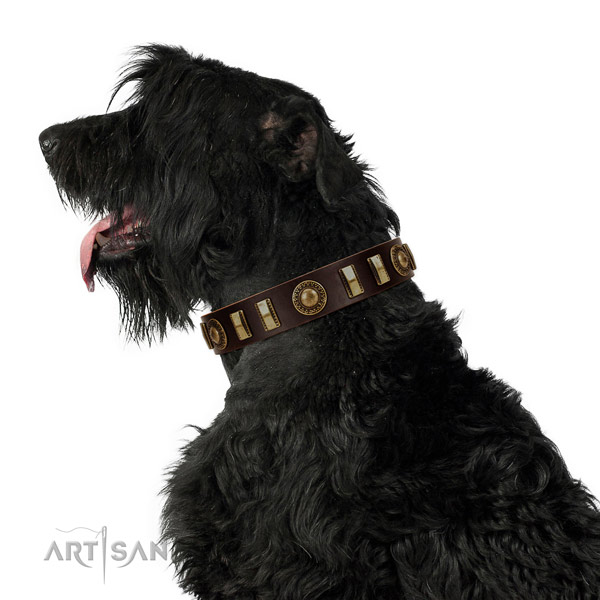 Gentle to touch genuine leather dog collar with rust-proof traditional buckle