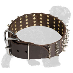 Spiked Wide Leather Russian Terrier Collar with Reliable Buckle