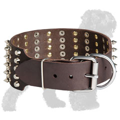 Studded and Spiked Wide Leather Russian Terrier Collar with Buckle