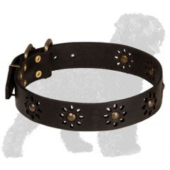 Elegant Wide Leather Russian Terrier Collar with Flowery Pattern